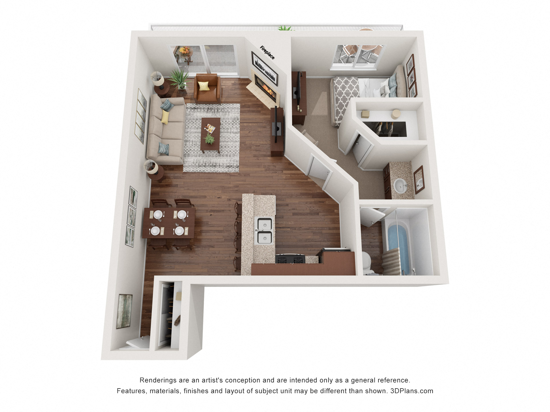 Floor plan for 1 bed, 1 bath, 785 sqft